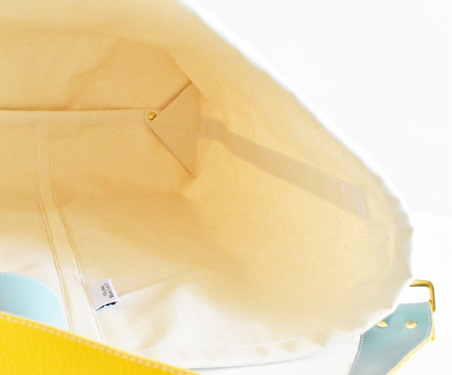 Tote Bag Ivory- Leather Strap Mustard/Turquoise