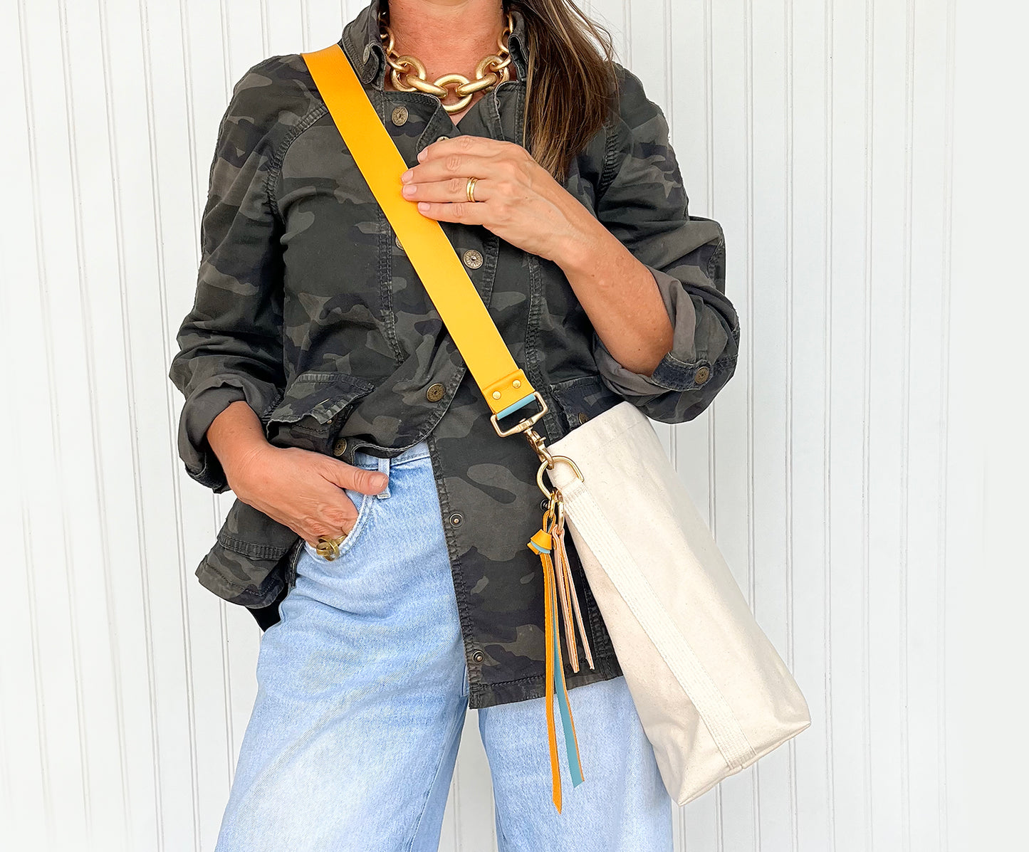 Tote Bag Ivory- Leather Strap Mustard/Turquoise