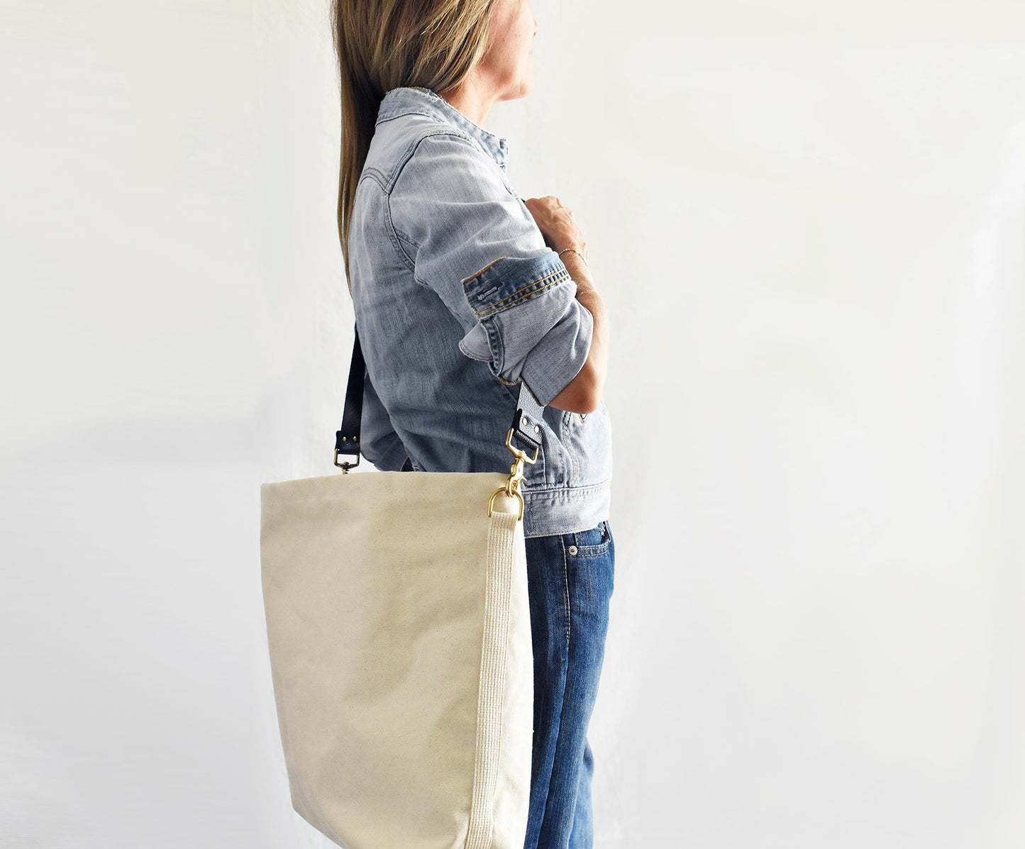 Tote Bag Ivory- Leather Strap Navy/Black
