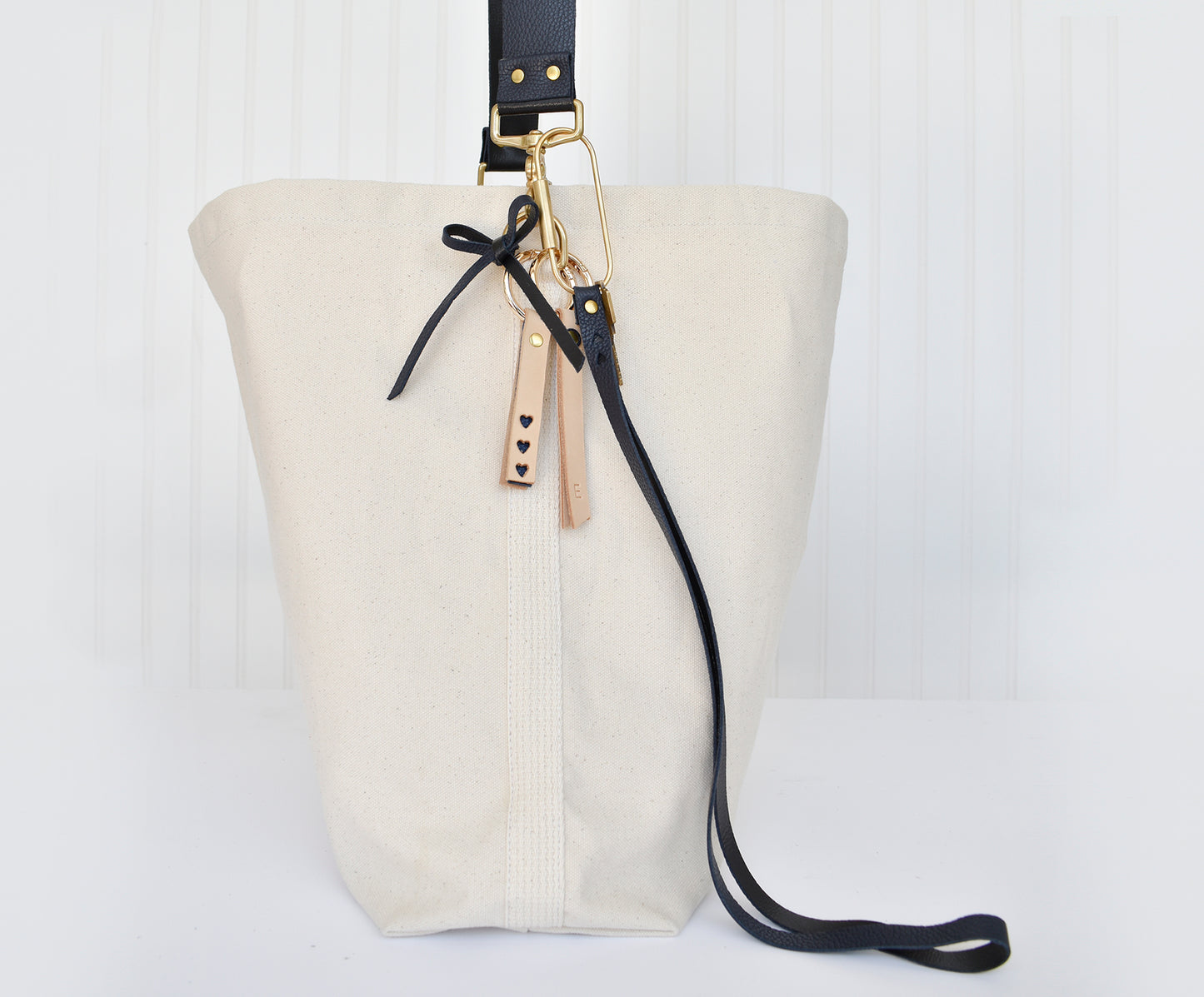 Tote Bag Ivory- Leather Strap Navy/Black
