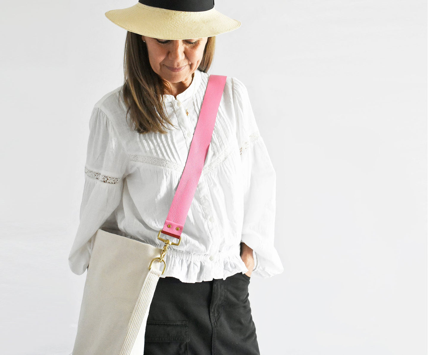 Tote Bag Ivory- Leather Strap Pink/Red