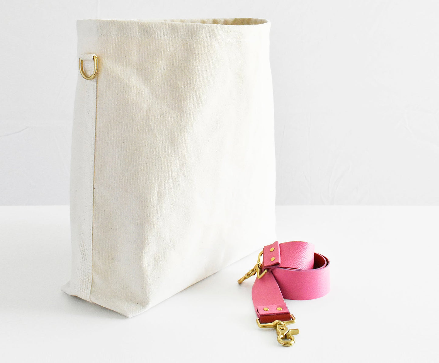 Tote Bag Ivory- Leather Strap Pink/Red