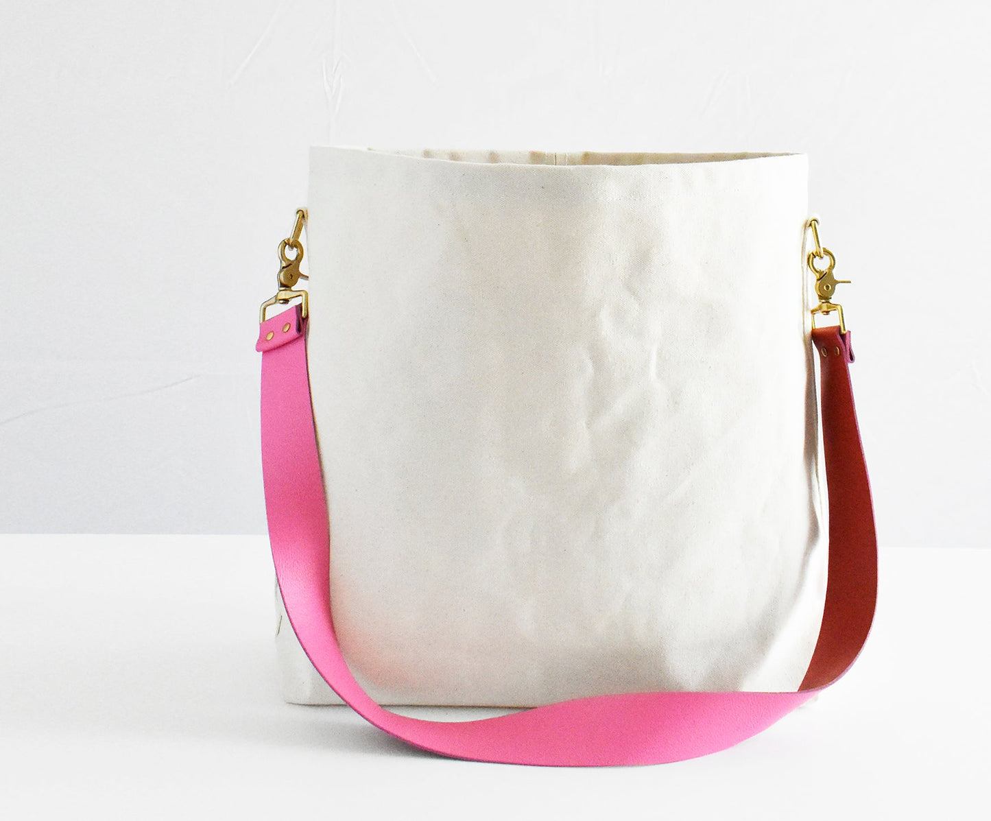 Tote Bag Ivory- Leather Strap Pink/Red
