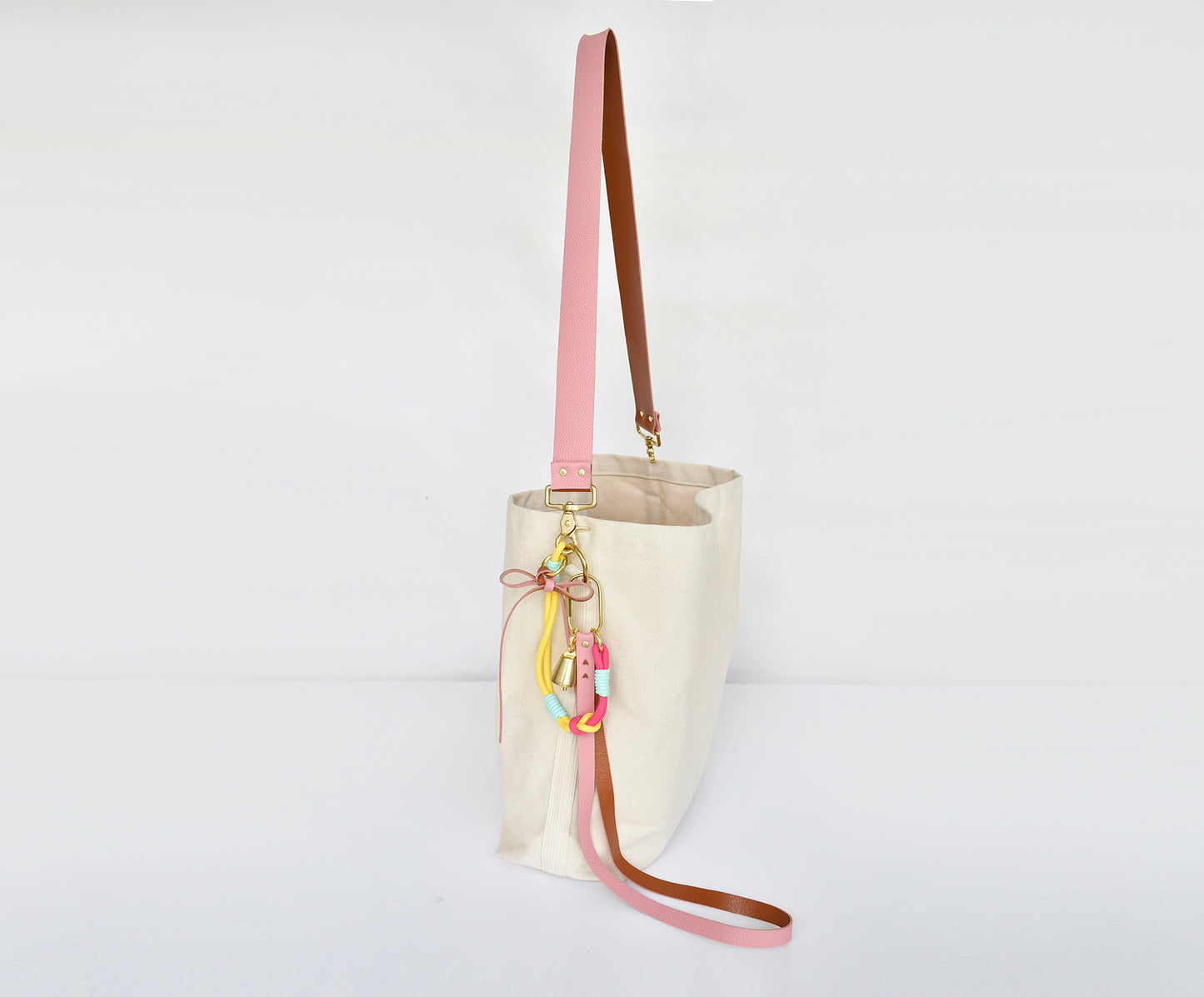 Tote Bag Ivory- Leather Strap Rose/Caramel