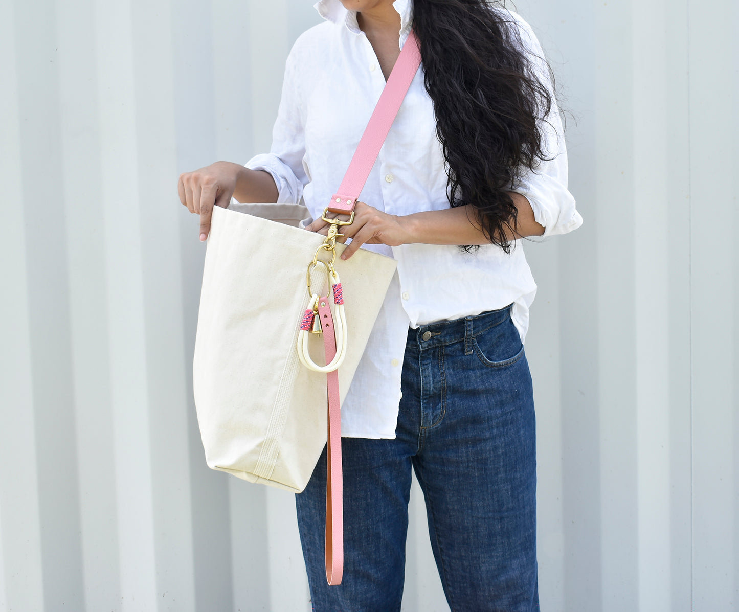 Tote Bag Ivory- Leather Strap Rose/Caramel