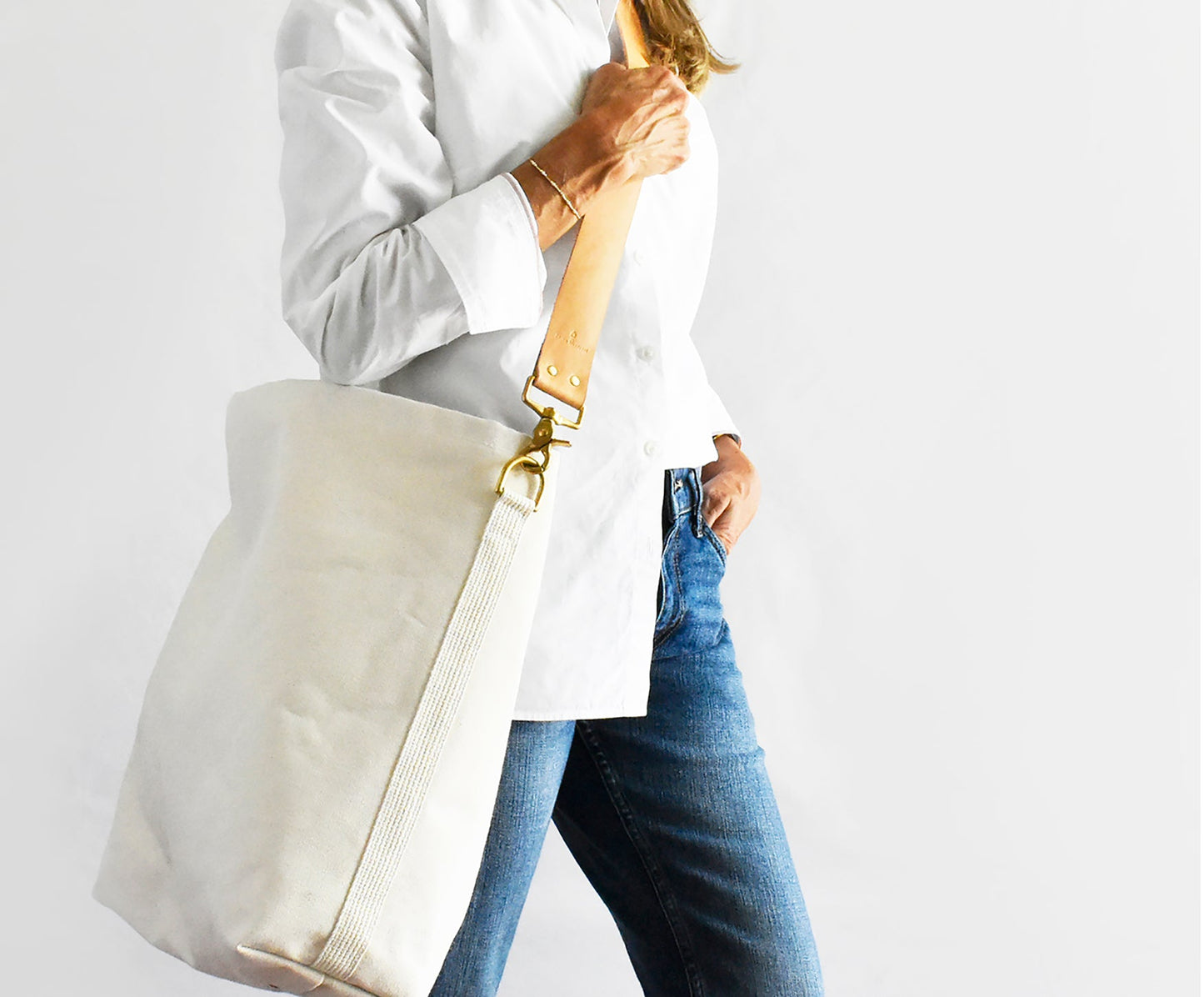 Tote Bag Ivory- Leather Strap Tan