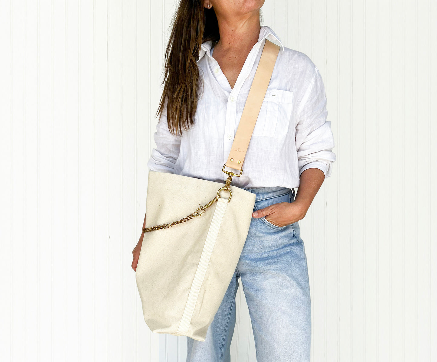 Tote Bag Ivory- Leather Strap Tan