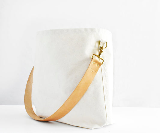 Tote Bag Ivory- Leather Strap Tan