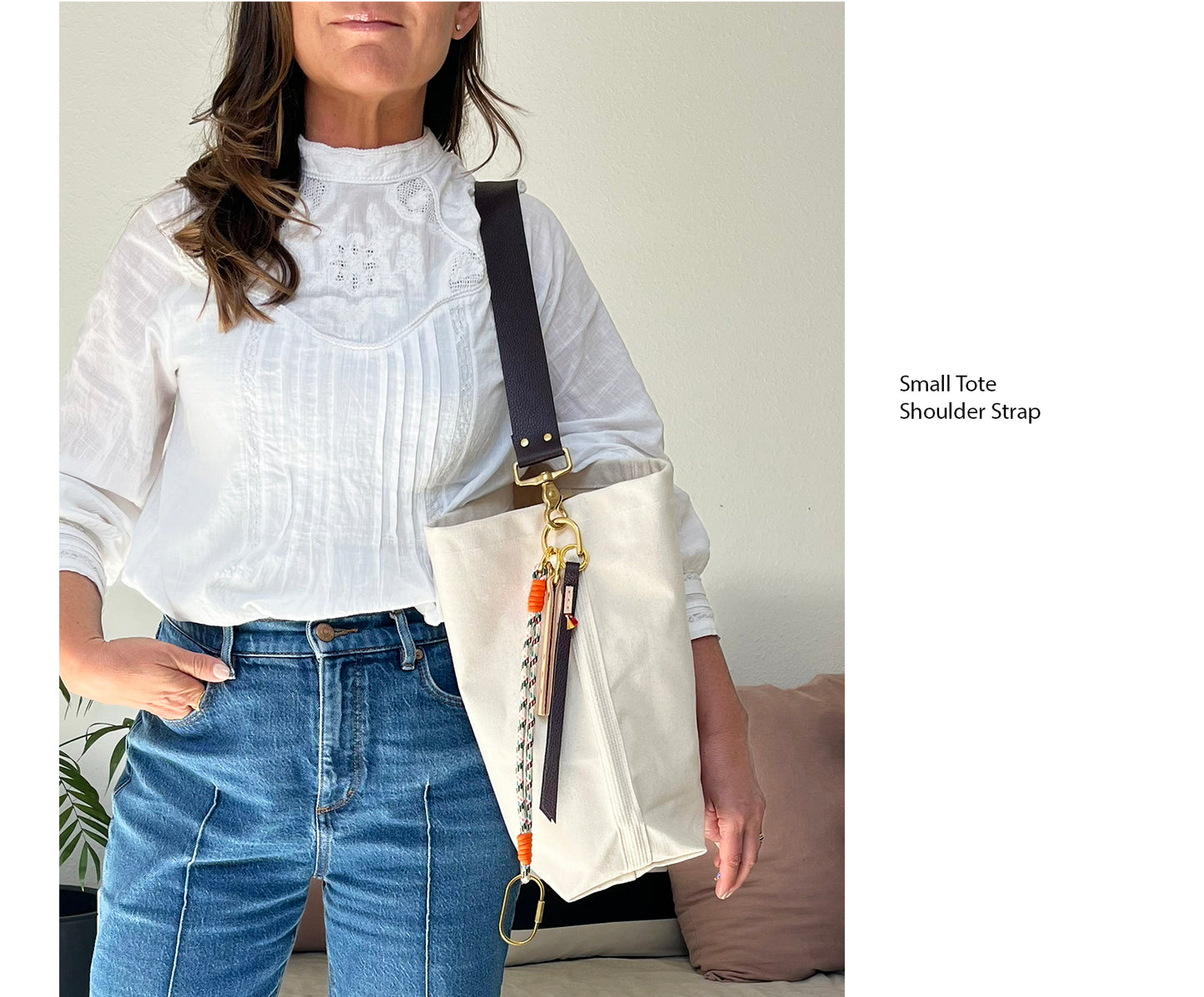 Tote Bag Ivory with Leather Strap Chocolate