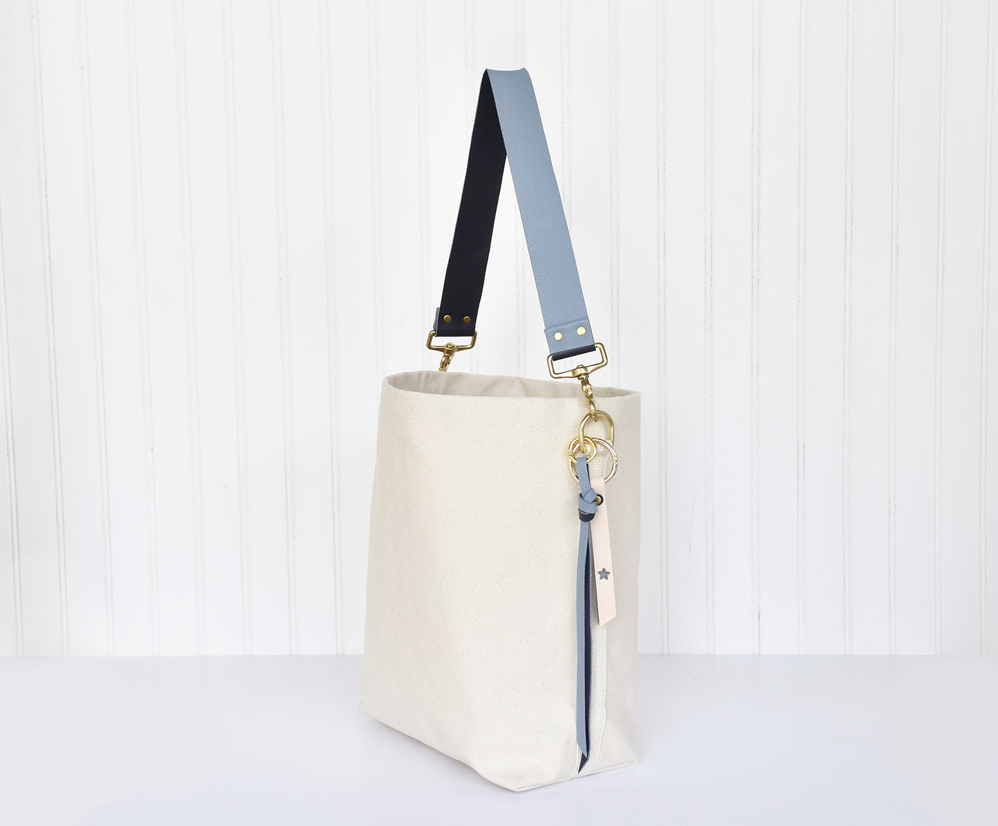 Tote Bag Ivory with Leather Strap Denim/Black