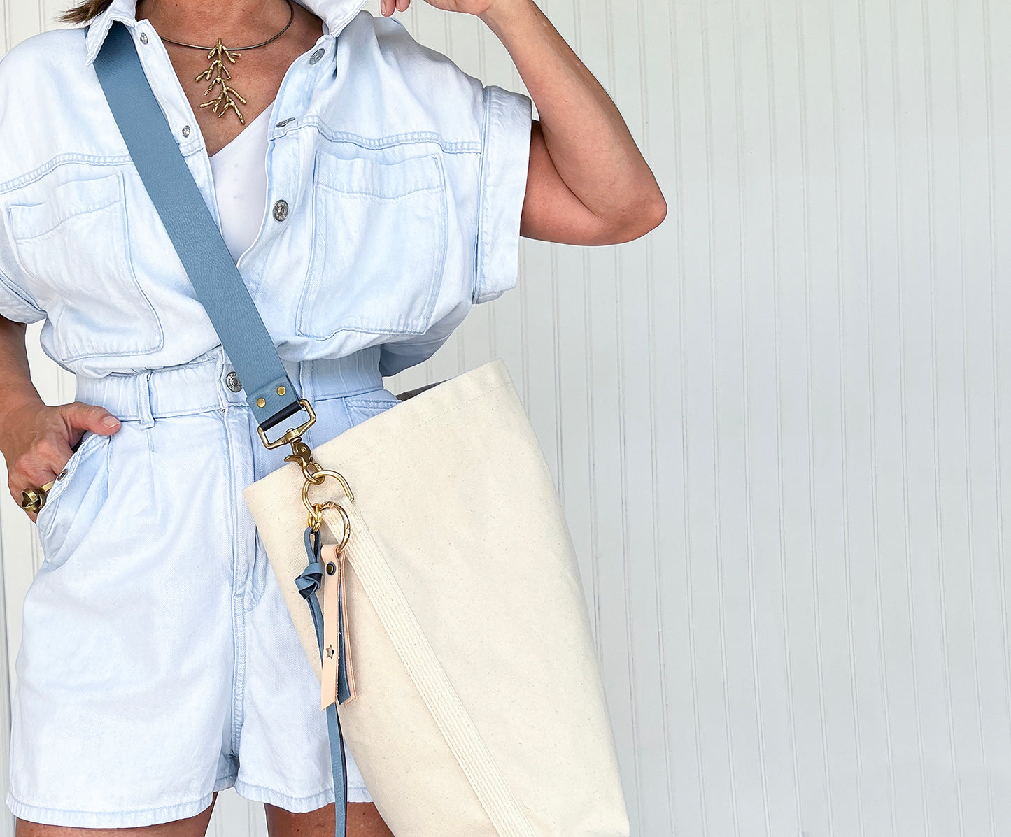Tote Bag Ivory with Leather Strap Denim/Black