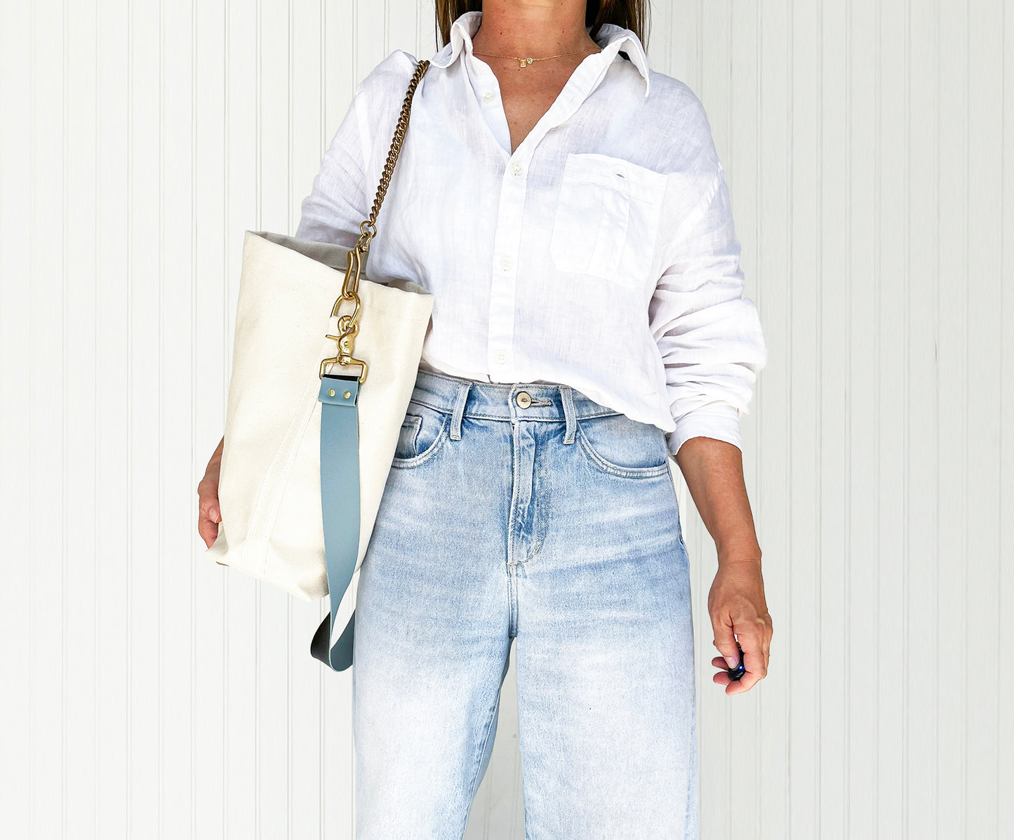 Tote Bag Ivory with Leather Strap Denim/Black