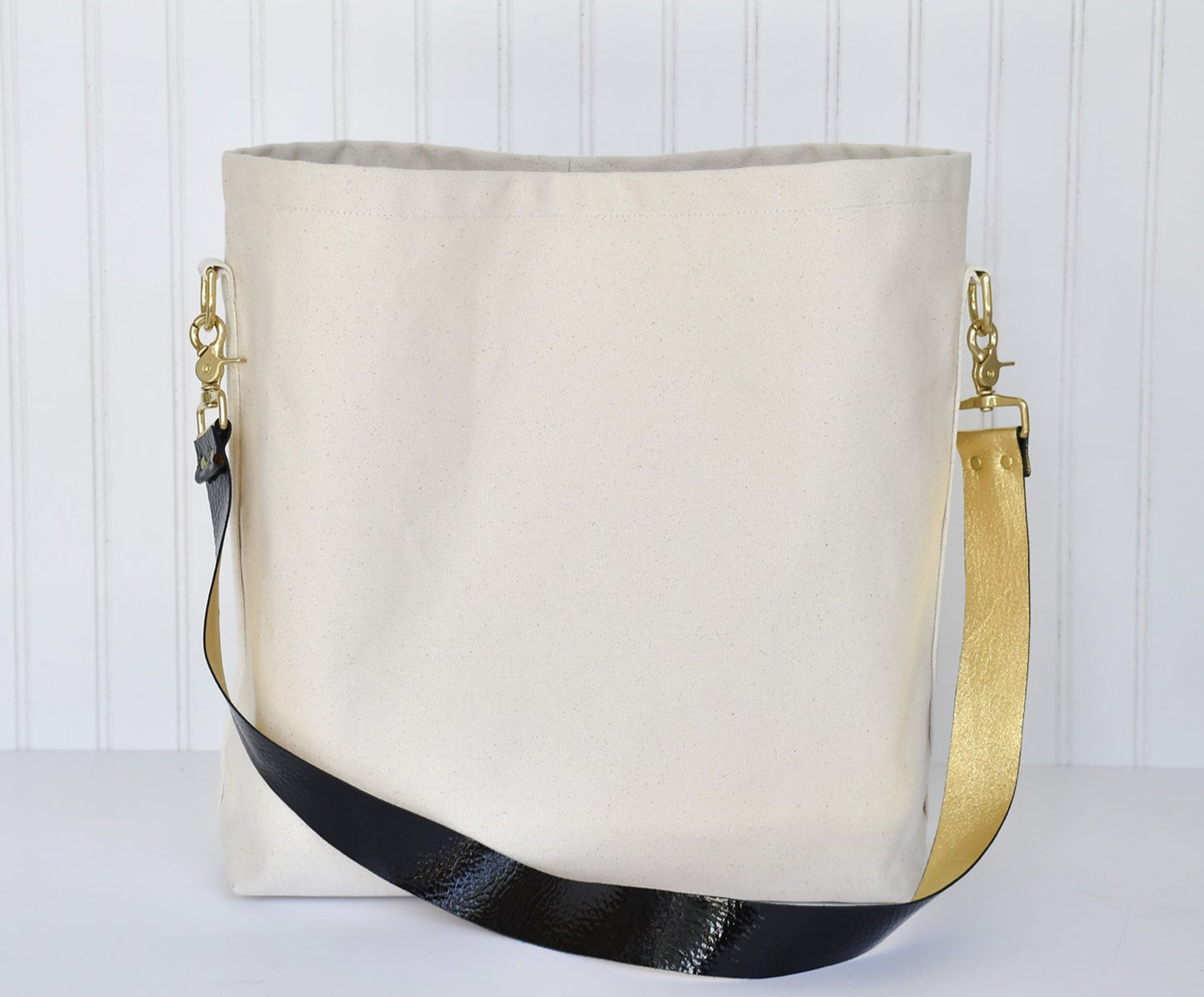 Tote Bag with Leather Strap - Black & Gold