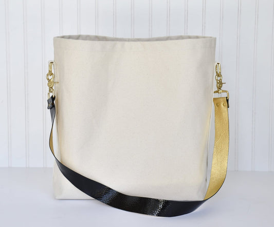 Tote Bag with Leather Strap - Black & Gold