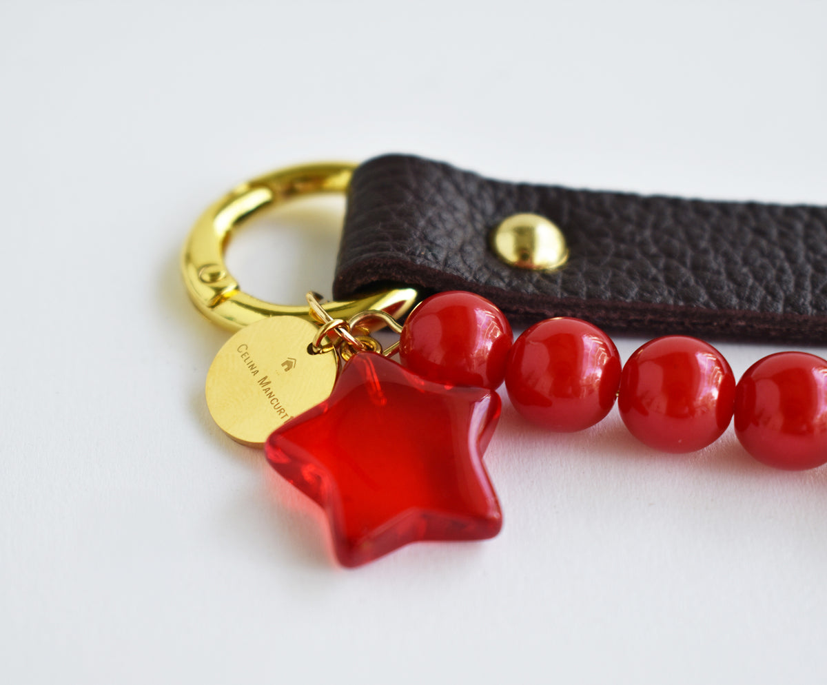 Lucero Leather Bag Charm With Red Star & Beads
