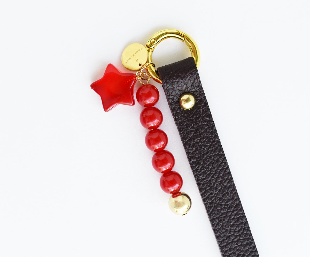 Lucero Leather Bag Charm With Red Star & Beads