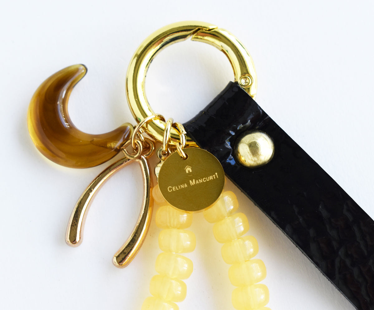 Mila Moon Bag Charm – Black Leather & Yellow Beads