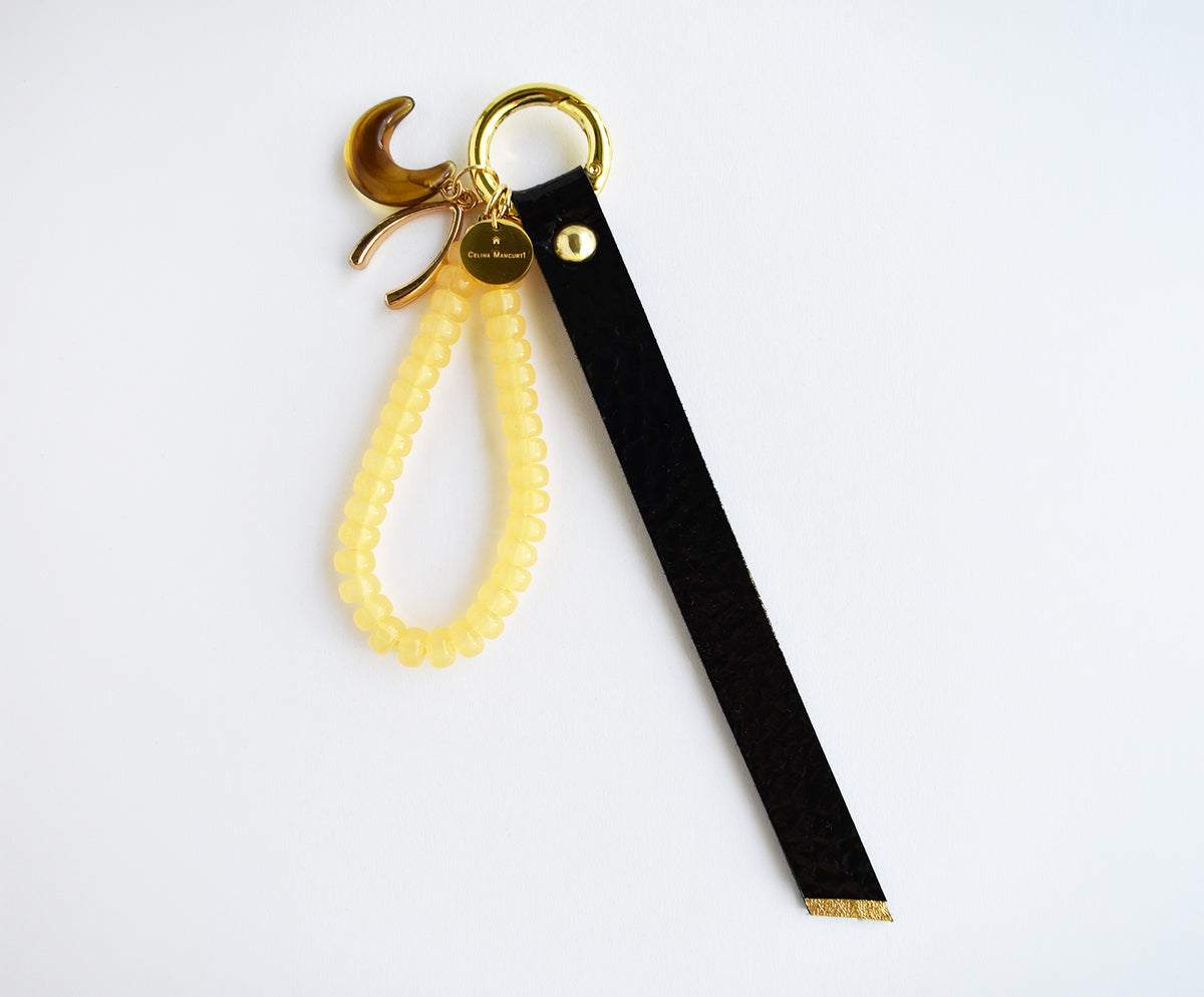 Mila Moon Bag Charm – Black Leather & Yellow Beads